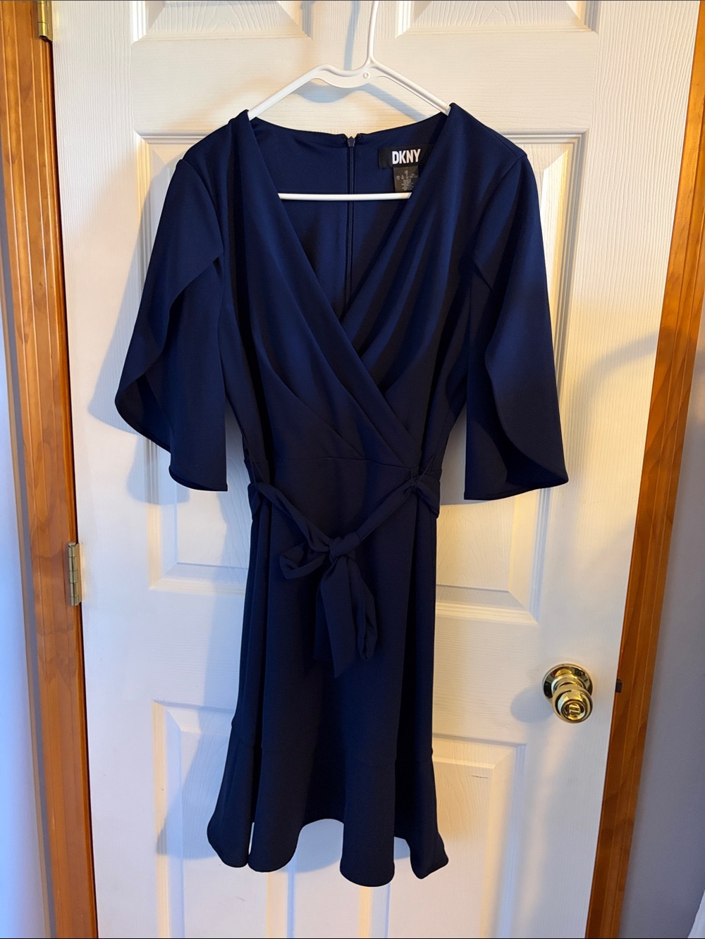 DKNY Navy Wrap-Front Midi Dress with Tie Waist